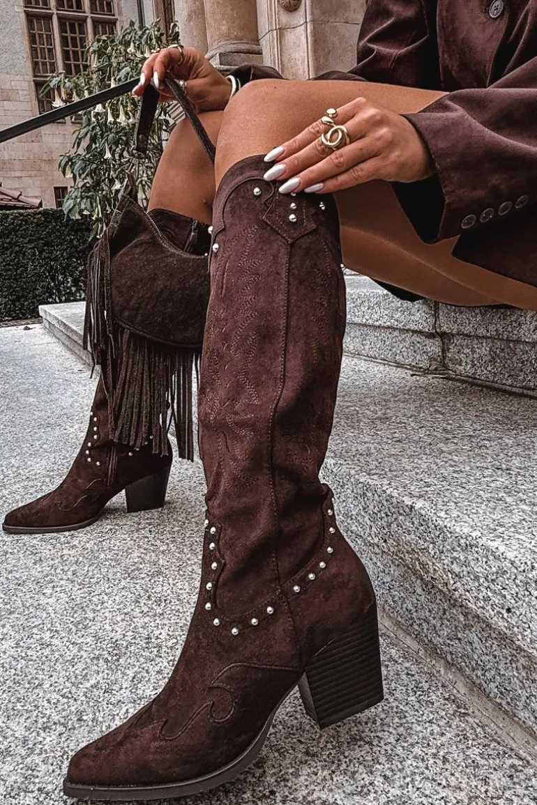 Damskie Kozaki Kowbojki Ze Zdobieniem Na Słupku Czekoladowe Darella