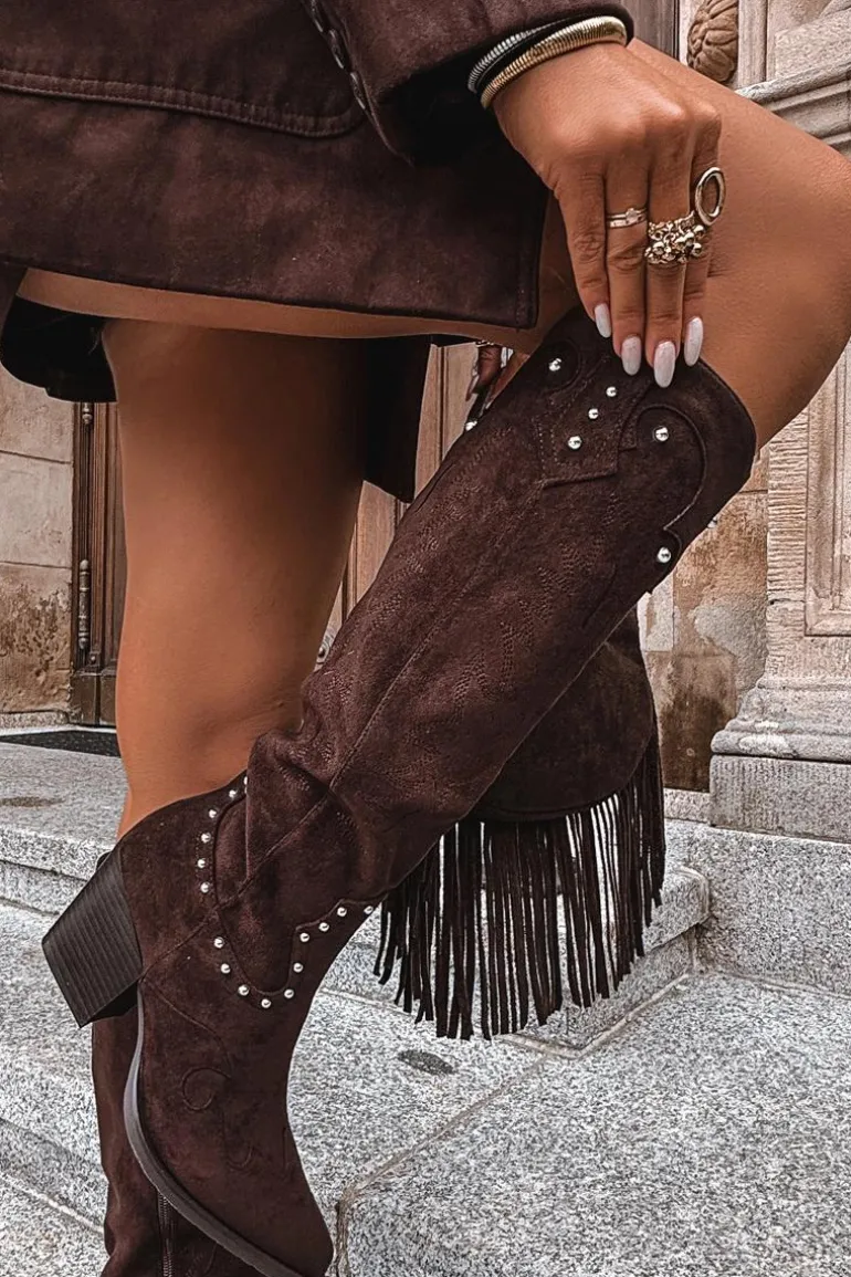 Damskie Kozaki Kowbojki Ze Zdobieniem Na Słupku Czekoladowe Darella