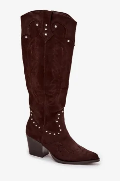 Damskie Kozaki Kowbojki Ze Zdobieniem Na Słupku Czekoladowe Darella