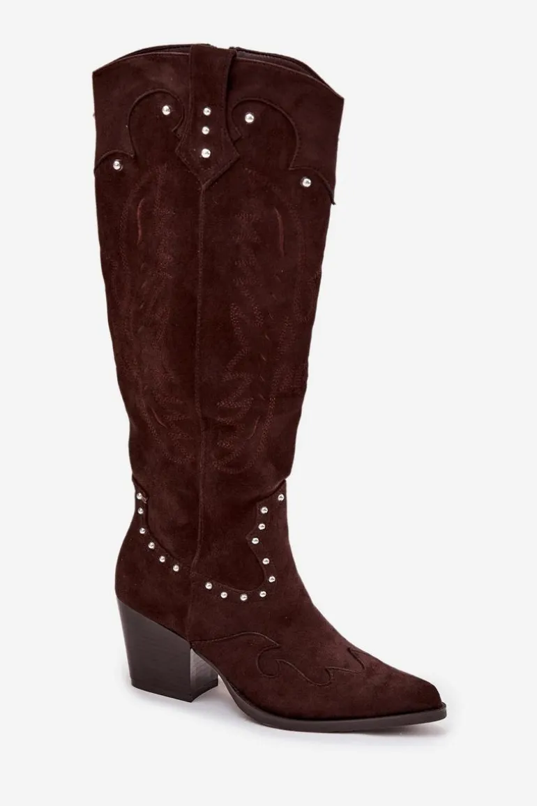 Damskie Kozaki Kowbojki Ze Zdobieniem Na Słupku Czekoladowe Darella