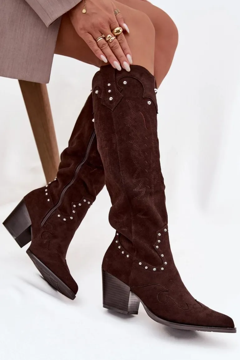 Damskie Kozaki Kowbojki Ze Zdobieniem Na Słupku Czekoladowe Darella