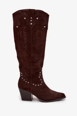 Damskie Kozaki Kowbojki Ze Zdobieniem Na Słupku Czekoladowe Darella