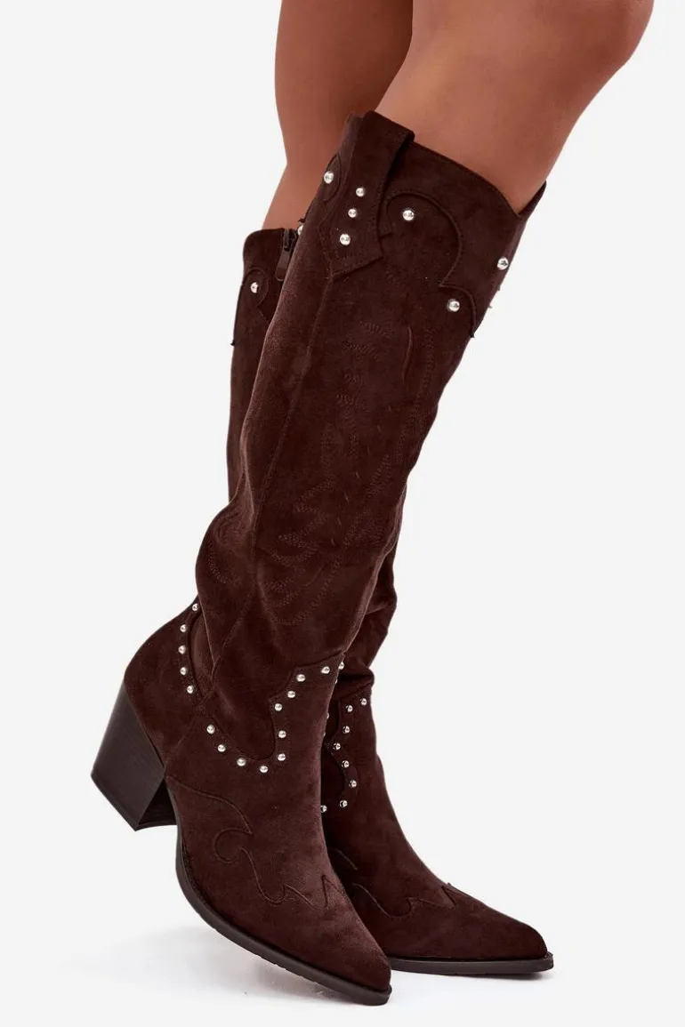 Damskie Kozaki Kowbojki Ze Zdobieniem Na Słupku Czekoladowe Darella