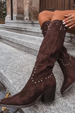 Damskie Kozaki Kowbojki Ze Zdobieniem Na Słupku Czekoladowe Darella