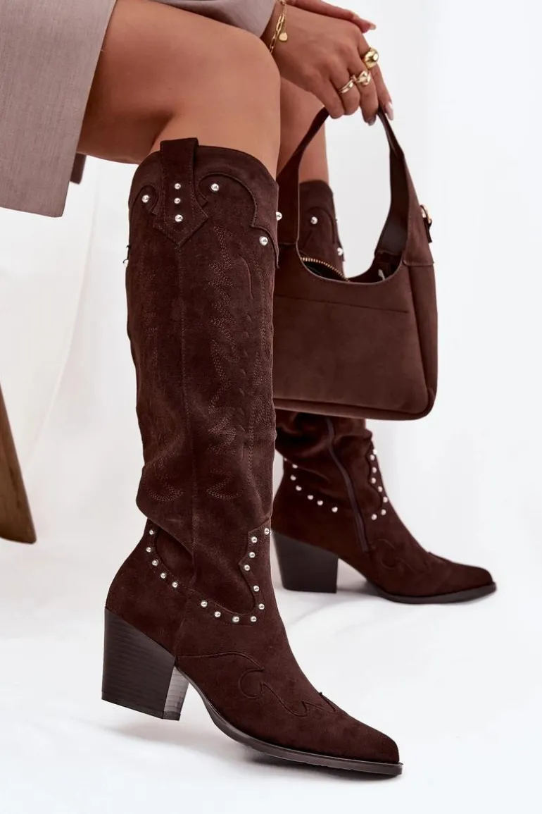 Damskie Kozaki Kowbojki Ze Zdobieniem Na Słupku Czekoladowe Darella