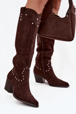 Damskie Kozaki Kowbojki Ze Zdobieniem Na Słupku Czekoladowe Darella