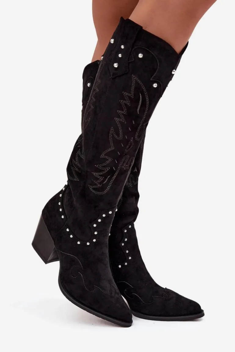 Damskie Kozaki Kowbojki Ze Zdobieniem Na Słupku Czarne Darella