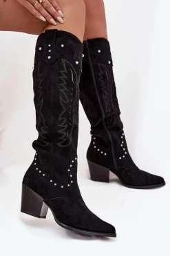 Damskie Kozaki Kowbojki Ze Zdobieniem Na Słupku Czarne Darella
