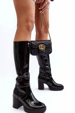 Damskie Kozaki Lakierowane Na Słupku Czarne Efatina