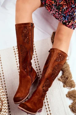 Damskie Kozaki Maciejka Skórzane Ażurowe Camel 04525-29