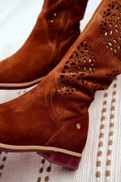 Damskie Kozaki Maciejka Skórzane Ażurowe Camel 04525-29