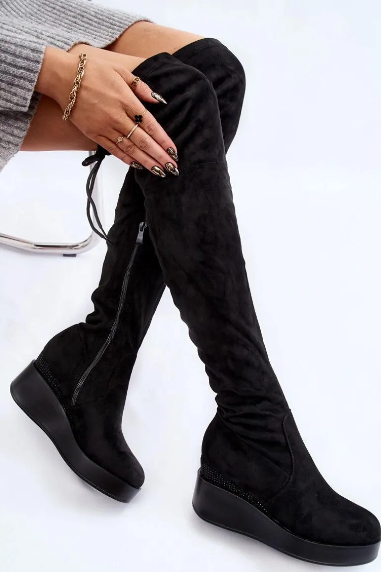 Damskie Kozaki Muszkieterki Na Koturnie Czarne Elori