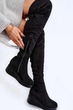 Damskie Kozaki Muszkieterki Na Koturnie Czarne Elori