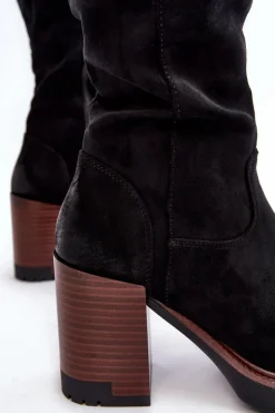 Damskie Kozaki Na Masywnym Słupku Ocieplane Czarne Alzeta