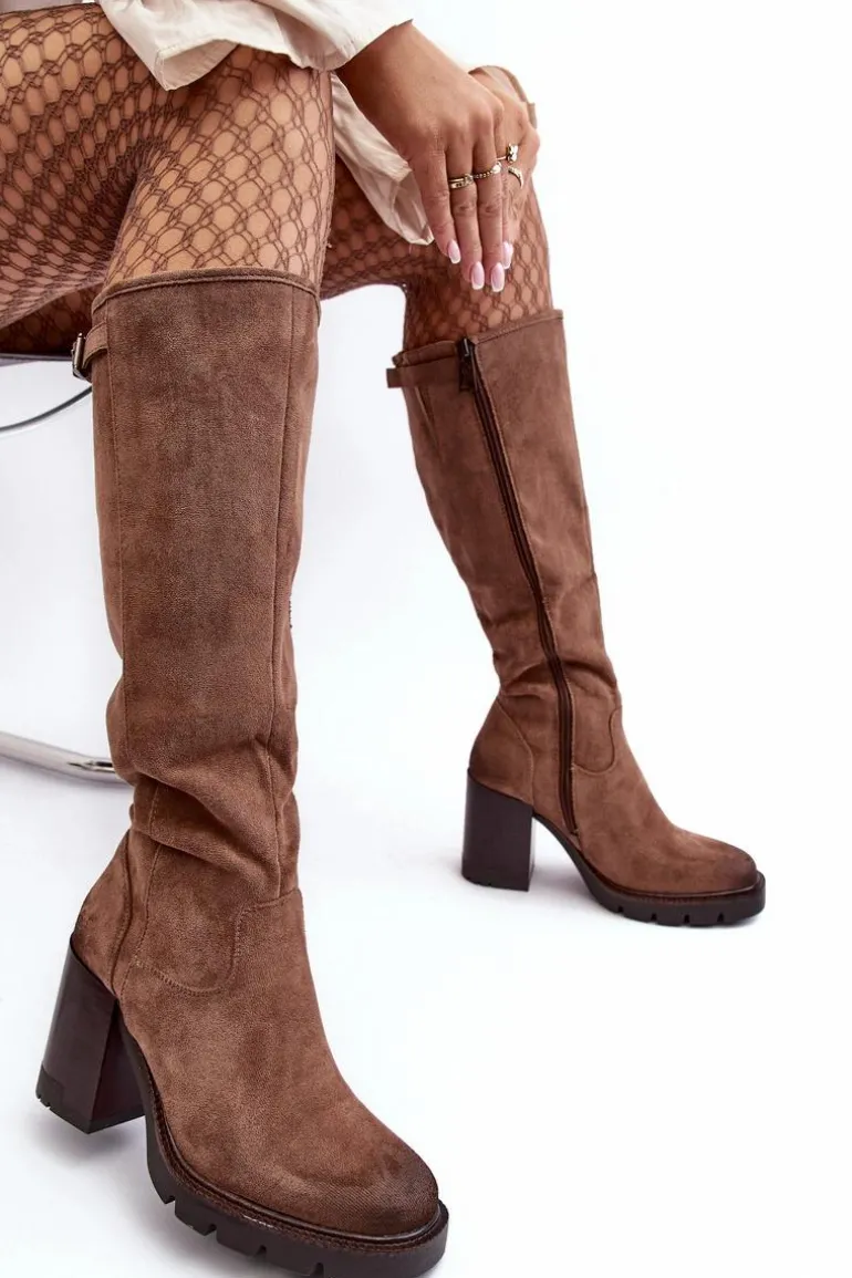 Damskie Kozaki Na Masywnym Słupku Ocieplane Ciemnobeżowe Alzeta