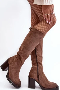 Damskie Kozaki Na Masywnym Słupku Ocieplane Ciemnobeżowe Alzeta