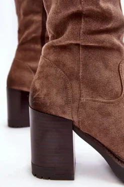 Damskie Kozaki Na Masywnym Słupku Ocieplane Ciemnobeżowe Alzeta