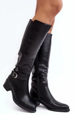 Damskie Kozaki Na Niskim Obcasie Przed Kolano Czarne Bafiske