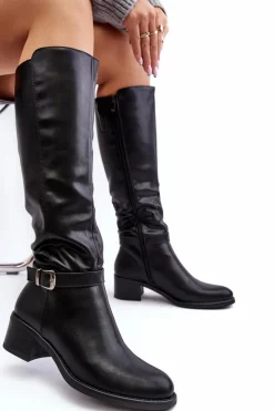 Damskie Kozaki Na Niskim Obcasie Przed Kolano Czarne Bafiske