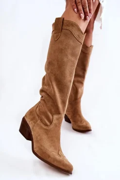 Damskie Kozaki Na Obcasie Lewski Shoes 3235 Beżowe