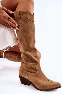 Damskie Kozaki Na Obcasie Lewski Shoes 3235 Beżowe