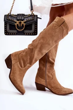 Damskie Kozaki Na Obcasie Lewski Shoes 3235 Beżowe