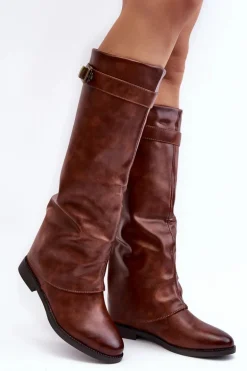 Damskie Kozaki Na Płaskim Obcasie Z Marszczoną Cholewką Brązowe Tercella