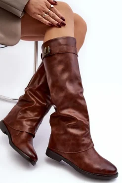 Damskie Kozaki Na Płaskim Obcasie Z Marszczoną Cholewką Brązowe Tercella