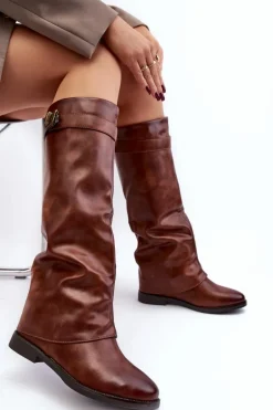 Damskie Kozaki Na Płaskim Obcasie Z Marszczoną Cholewką Brązowe Tercella