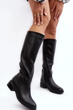 Damskie Kozaki Na Płaskim Obcasie Przed Kolano Czarne Aviare