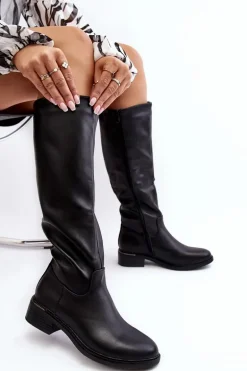 Damskie Kozaki Na Płaskim Obcasie Przed Kolano Czarne Aviare