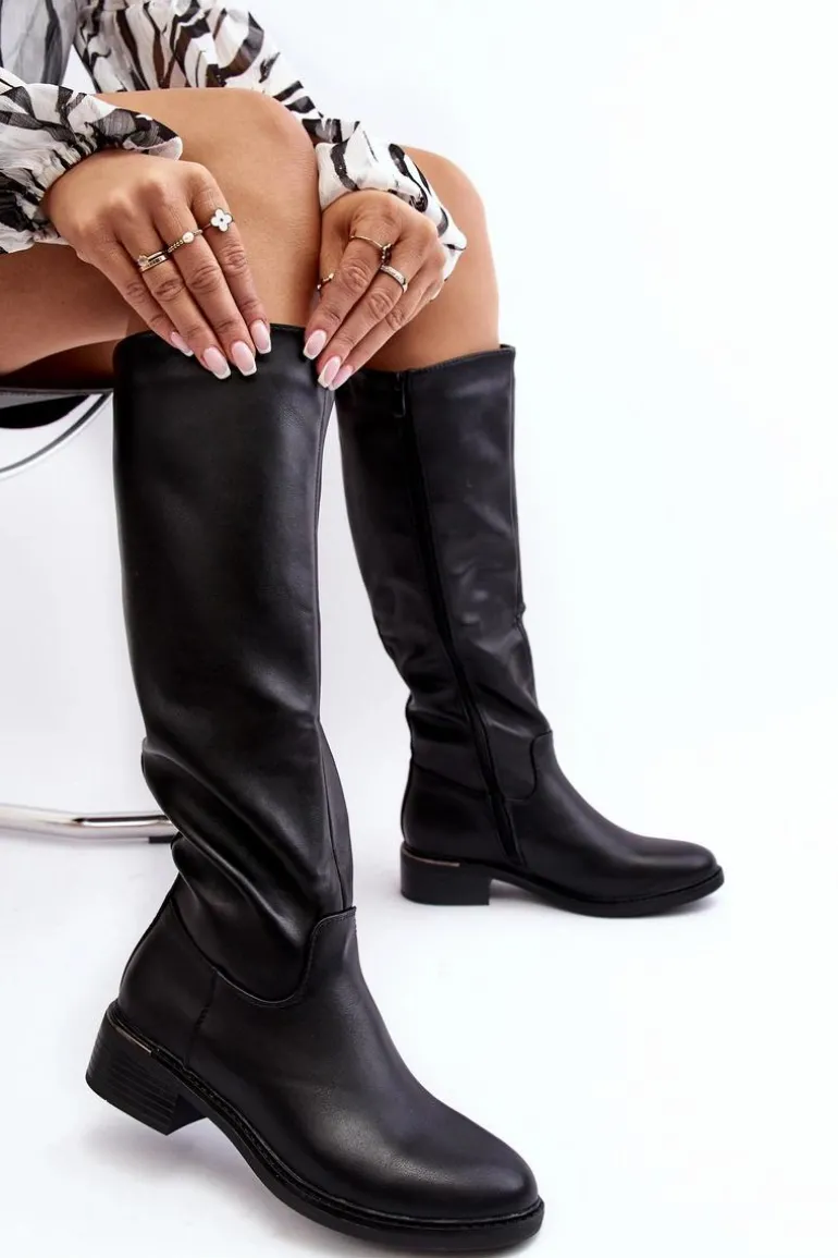 Damskie Kozaki Na Płaskim Obcasie Przed Kolano Czarne Aviare