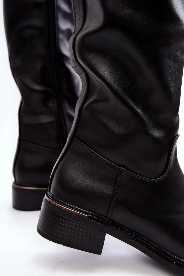 Damskie Kozaki Na Płaskim Obcasie Przed Kolano Czarne Aviare