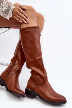 Damskie Kozaki Na Płaskim Obcasie Przed Kolano Brązowe Aviare