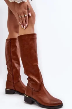 Damskie Kozaki Na Płaskim Obcasie Przed Kolano Brązowe Aviare