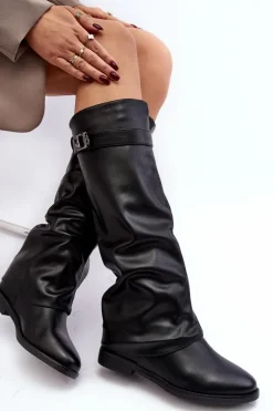 Damskie Kozaki Na Płaskim Obcasie Z Marszczoną Cholewką Czarne Tercella