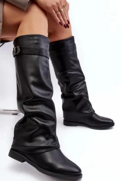 Damskie Kozaki Na Płaskim Obcasie Z Marszczoną Cholewką Czarne Tercella