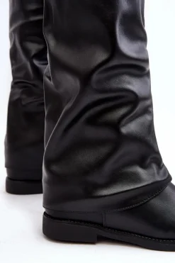Damskie Kozaki Na Płaskim Obcasie Z Marszczoną Cholewką Czarne Tercella