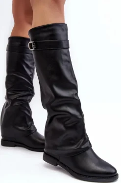 Damskie Kozaki Na Płaskim Obcasie Z Marszczoną Cholewką Czarne Tercella