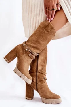 Damskie Kozaki Na Słupku Lewski Shoes 3246 Beżowe