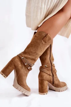 Damskie Kozaki Na Słupku Lewski Shoes 3246 Beżowe