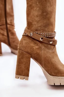 Damskie Kozaki Na Słupku Lewski Shoes 3246 Beżowe