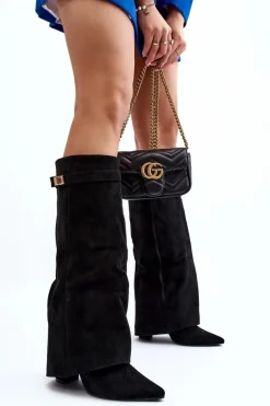 Damskie Kozaki Na Słupku Przed Kolano Czarne Portora