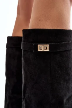 Damskie Kozaki Na Słupku Przed Kolano Czarne Portora