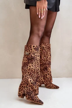 Damskie Kozaki Na Słupku Przed Kolano Panterka Brązowe Portora