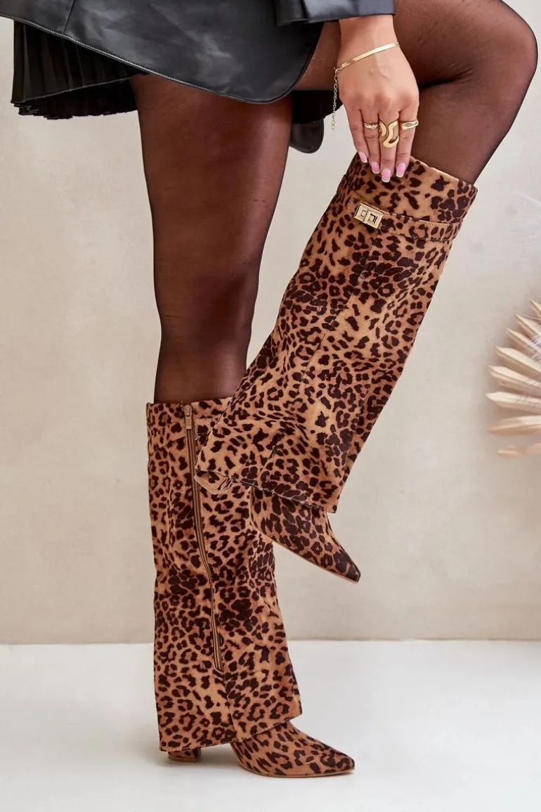 Damskie Kozaki Na Słupku Przed Kolano Panterka Brązowe Portora