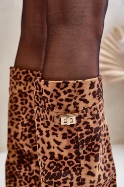 Damskie Kozaki Na Słupku Przed Kolano Panterka Brązowe Portora