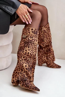 Damskie Kozaki Na Słupku Przed Kolano Panterka Brązowe Portora