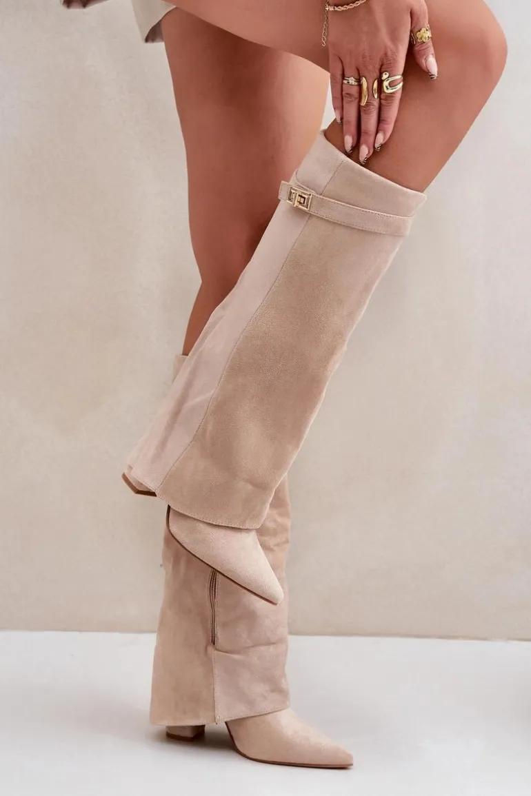 Damskie Kozaki Na Słupku Przed Kolano Jasnobeżowe Portora