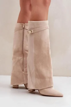 Damskie Kozaki Na Słupku Przed Kolano Jasnobeżowe Portora